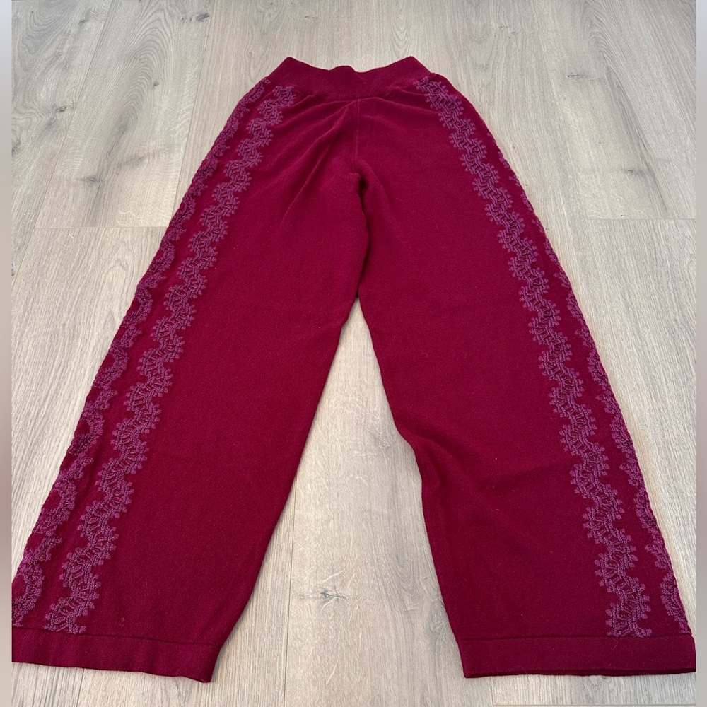 Wide-Leg Knit Pants with Tonal Side Embroidery — Wine